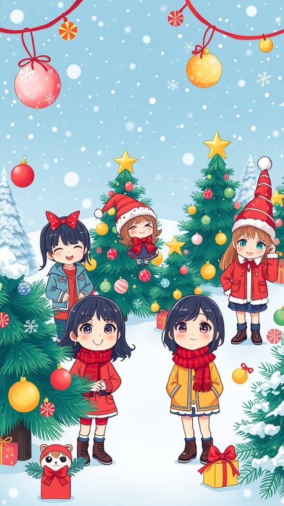 Cute K-Pop idols in Christmas outfits with snowflakes and festive decorations.